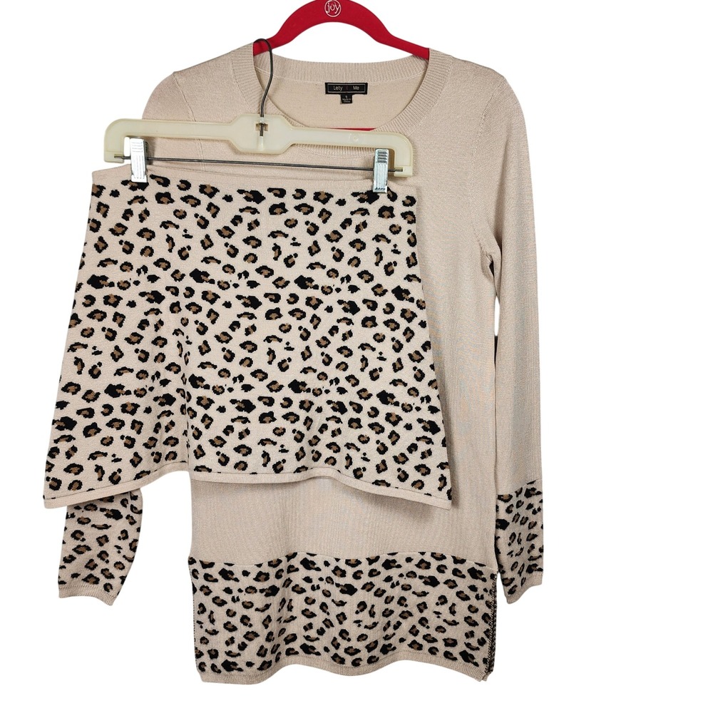 Lety & Me 2pc Sweater Mini Skirt Set Womens Small Leopard Stretch Knit Casual